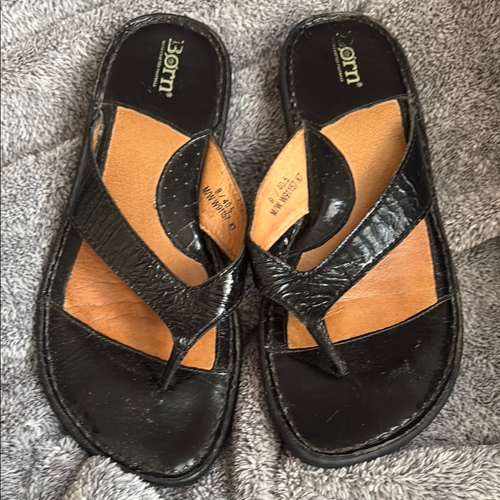 Born Black and Tan Leather Thong Sandals